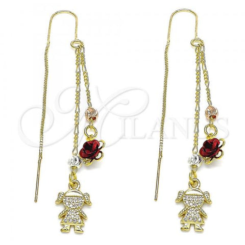 Oro Laminado Threader Earring, Gold Filled Style Little Girl and Flower Design, with White Micro Pave, Polished, Tricolor, 02.253.0026