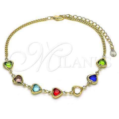 Oro Laminado Fancy Bracelet, Gold Filled Style Heart and Miami Cuban Design, with Multicolor Cubic Zirconia, Polished, Golden Finish, 03.213.0171.08
