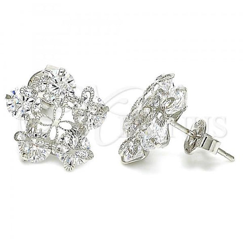 Rhodium Plated Stud Earring, Flower Design, with White Cubic Zirconia, Polished, Rhodium Finish, 02.106.0025.1