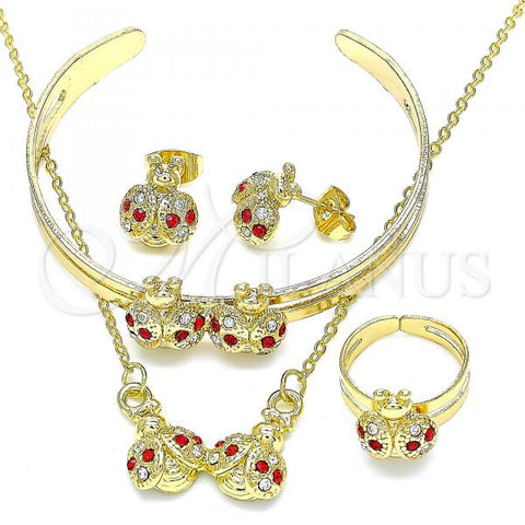 Oro Laminado Necklace, Bracelet, Earring and Ring, Gold Filled Style Ladybug Design, with Garnet and White Crystal, Polished, Golden Finish, 06.361.0033.1