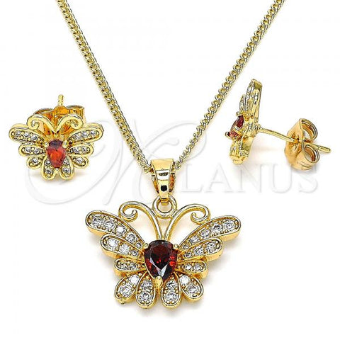 Oro Laminado Earring and Pendant Adult Set, Gold Filled Style Butterfly Design, with Garnet Cubic Zirconia and White Micro Pave, Polished, Golden Finish, 10.210.0128.2