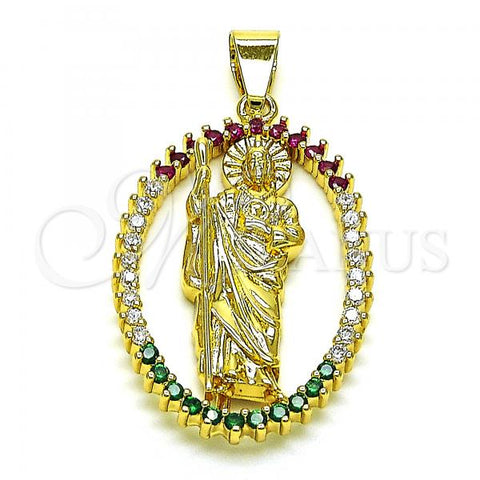 Oro Laminado Religious Pendant, Gold Filled Style San Judas Design, with Multicolor Cubic Zirconia, Polished, Golden Finish, 05.380.0159.1