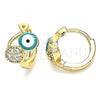 Oro Laminado Huggie Hoop, Gold Filled Style Evil Eye and Fish Design, with White Cubic Zirconia, Green Enamel Finish, Golden Finish, 02.213.0189.1.12