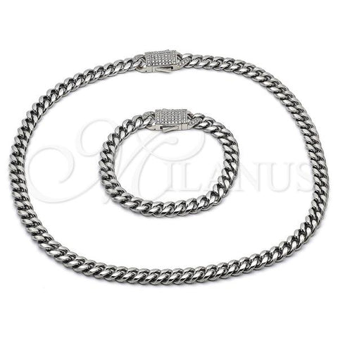 Stainless Steel Necklace and Bracelet, Miami Cuban Design, with White Crystal, Polished, Steel Finish, 06.116.0048.1