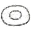 Stainless Steel Necklace and Bracelet, Miami Cuban Design, with White Crystal, Polished, Steel Finish, 06.116.0048.1