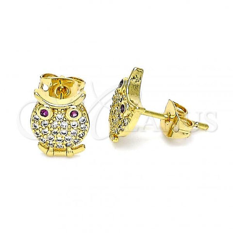 Oro Laminado Stud Earring, Gold Filled Style Owl Design, with White and Ruby Micro Pave, Polished, Golden Finish, 02.342.0169