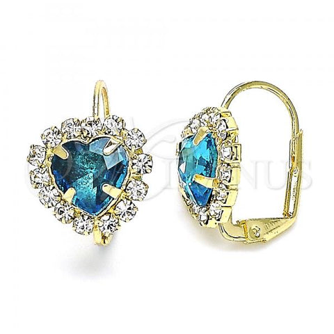 Oro Laminado Leverback Earring, Gold Filled Style Heart Design, with Blue Topaz and White Crystal, Polished, Golden Finish, 02.122.0111.8
