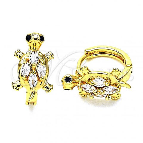 Oro Laminado Huggie Hoop, Gold Filled Style Turtle Design, with White Cubic Zirconia, Polished, Golden Finish, 02.210.0712.12
