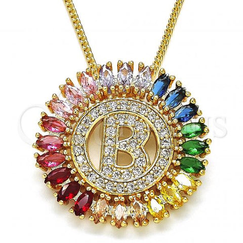 Oro Laminado Pendant Necklace, Gold Filled Style Initials Design, with Multicolor Cubic Zirconia, Polished, Golden Finish, 04.210.0007.1.20