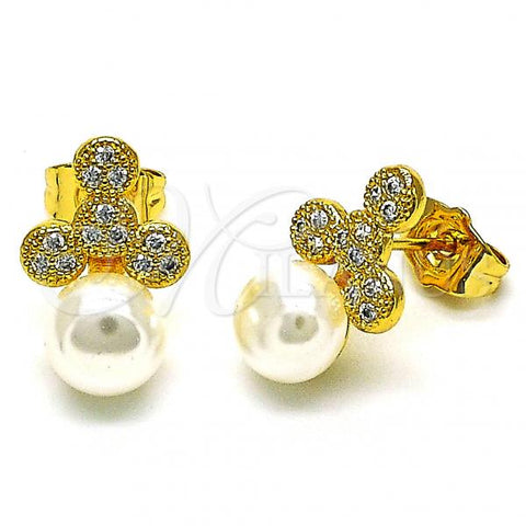 Oro Laminado Stud Earring, Gold Filled Style with White Micro Pave and Ivory Pearl, Polished, Golden Finish, 02.344.0135