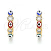 Oro Laminado Huggie Hoop, Gold Filled Style Evil Eye Design, with White Cubic Zirconia, Multicolor Enamel Finish, Golden Finish, 02.213.0194.15