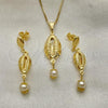 Oro Laminado Earring and Pendant Adult Set, Gold Filled Style Shell and Box Design, with White Mother of Pearl, Polished, Golden Finish, 10.58.0018
