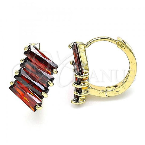 Oro Laminado Huggie Hoop, Gold Filled Style with Garnet Cubic Zirconia, Polished, Golden Finish, 02.210.0594.1.15