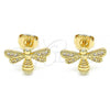 Oro Laminado Stud Earring, Gold Filled Style Bee Design, with White Micro Pave, Polished, Golden Finish, 02.156.0435