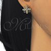 Oro Laminado Stud Earring, Gold Filled Style Flower Design, with White Micro Pave, Polished, Golden Finish, 02.284.0018