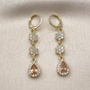 Oro Laminado Long Earring, Gold Filled Style Flower and Teardrop Design, with Champagne and White Cubic Zirconia, Polished, Golden Finish, 02.323.0108