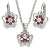 Rhodium Plated Earring and Pendant Adult Set, Butterfly and Flower Design, with Garnet and White Cubic Zirconia, Polished, Rhodium Finish, 10.210.0100.5