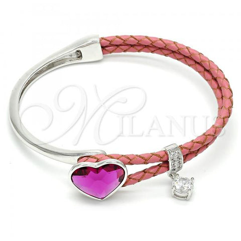 Rhodium Plated Individual Bangle, Heart Design, with Fuchsia Swarovski Crystals and White Micro Pave, Polished, Rhodium Finish, 07.239.0008 (03 MM Thickness, One size fits all)