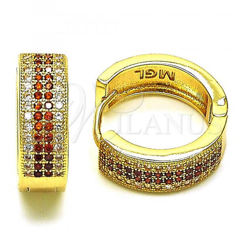 Oro Laminado Huggie Hoop, Gold Filled Style with Garnet and White Micro Pave, Polished, Golden Finish, 02.195.0072.1.20