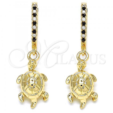 Oro Laminado Huggie Hoop, Gold Filled Style Turtle Design, with Black Cubic Zirconia and White Crystal, Polished, Golden Finish, 02.63.2667.2.20