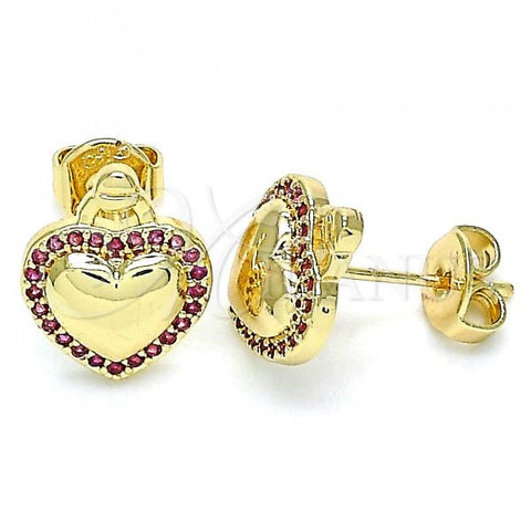 Oro Laminado Stud Earring, Gold Filled Style Heart Design, with Ruby Micro Pave, Polished, Golden Finish, 02.156.0458.1