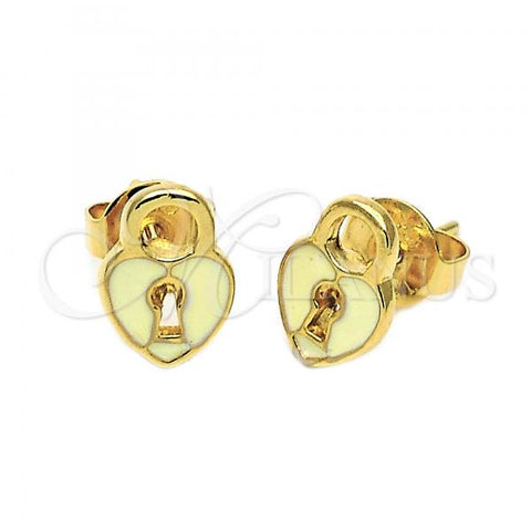 Oro Laminado Stud Earring, Gold Filled Style Heart Design, White Enamel Finish, Golden Finish, 02.64.0204 *PROMO*
