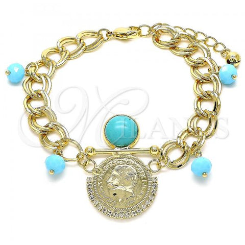 Oro Laminado Charm Bracelet, Gold Filled Style with Turquoise Opal and White Crystal, Polished, Golden Finish, 03.331.0107.2.08