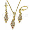 Oro Laminado Earring and Pendant Adult Set, Gold Filled Style Peacock Design, with Garnet Cubic Zirconia, Polished, Golden Finish, 10.357.0003