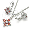 Rhodium Plated Earring and Pendant Adult Set, Flower Design, with Garnet and White Cubic Zirconia, Polished, Rhodium Finish, 10.210.0105.5