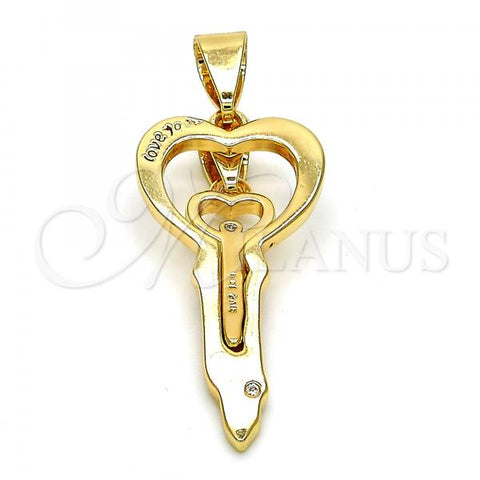 Oro Laminado Fancy Pendant, Gold Filled Style key and Love Design, with White Crystal, Polished, Golden Finish, 05.179.0055