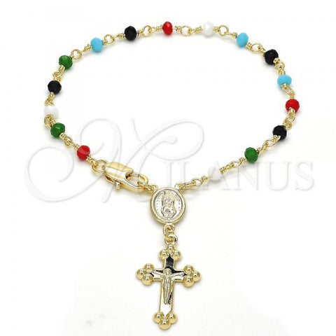 Oro Laminado Bracelet Rosary, Gold Filled Style Guadalupe and Crucifix Design, with Multicolor Azavache, Polished, Golden Finish, 09.63.0103.1.08