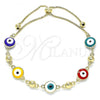 Oro Laminado Adjustable Bolo Bracelet, Gold Filled Style Evil Eye Design, Multicolor Enamel Finish, Golden Finish, 03.213.0130.3.10