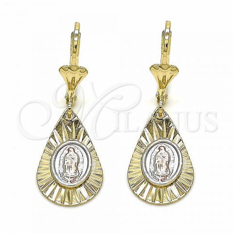 Oro Laminado Dangle Earring, Gold Filled Style Teardrop and Guadalupe Design, Polished, Tricolor, 02.351.0033