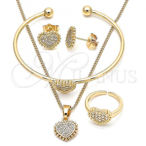 Oro Laminado Earring and Pendant Children Set, Gold Filled Style Heart Design, with White Micro Pave, Polished, Golden Finish, 06.210.0022