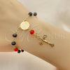 Oro Laminado Bracelet Rosary, Gold Filled Style San Benito and Crucifix Design, with Black and Garnet Azavache, Polished, Golden Finish, 09.02.0044.07
