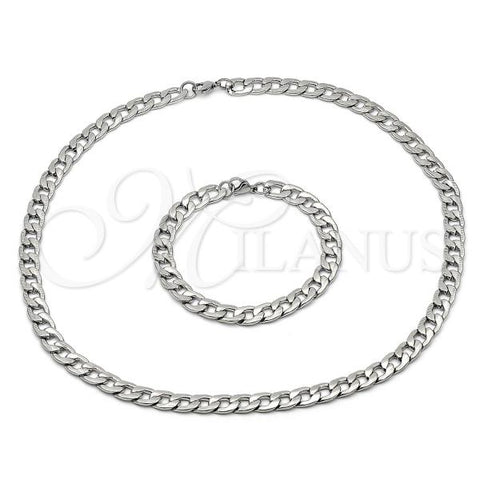 Stainless Steel Necklace and Bracelet, Pave Cuban Design, Diamond Cutting Finish, Steel Finish, 06.116.0023