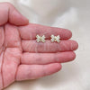 Oro Laminado Stud Earring, Gold Filled Style Bow Design, with White Micro Pave, Polished, Golden Finish, 02.195.0288