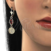 Oro Laminado Long Earring, Gold Filled Style San Benito Design, with Garnet Cubic Zirconia, Polished, Golden Finish, 02.351.0030.1