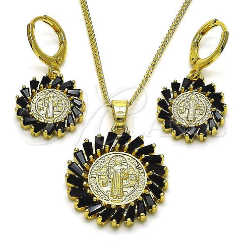 Oro Laminado Earring and Pendant Adult Set, Gold Filled Style San Benito and Baguette Design, with Black Cubic Zirconia, Polished, Golden Finish, 10.316.0075.2