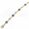 Oro Laminado Fancy Bracelet, Gold Filled Style Evil Eye and Heart Design, Blue Resin Finish, Golden Finish, 03.326.0008.2.08