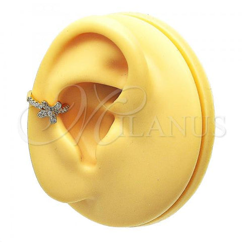 Oro Laminado Earcuff Earring, Gold Filled Style Butterfly Design, with White Micro Pave, Polished, Golden Finish, 02.213.0376