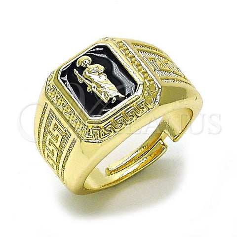 Oro Laminado Elegant Ring, Gold Filled Style San Judas and Greek Key Design, Black Enamel Finish, Golden Finish, 01.411.0004