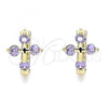 Oro Laminado Huggie Hoop, Gold Filled Style Cross Design, with Amethyst Cubic Zirconia, Polished, Golden Finish, 02.210.0645.3.15