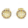 Oro Laminado Stud Earring, Gold Filled Style Tree Design, with Multicolor Micro Pave, Polished, Golden Finish, 02.156.0448.1
