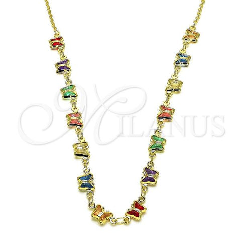 Oro Laminado Fancy Necklace, Gold Filled Style Butterfly and Rolo Design, with Multicolor Cubic Zirconia, Polished, Golden Finish, 04.213.0301.18