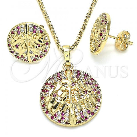 Oro Laminado Earring and Pendant Adult Set, Gold Filled Style Tree Design, with Ruby and White Cubic Zirconia, Polished, Golden Finish, 10.233.0035.2