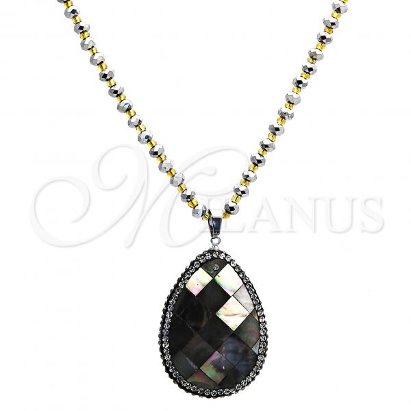 Stainless Steel Pendant Necklace, Teardrop Design, with White and Dark Brown Crystal, Polished, Two Tone, 04.232.0002.31