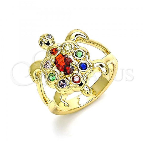 Oro Laminado Multi Stone Ring, Gold Filled Style Turtle Design, with Multicolor Cubic Zirconia, Polished, Golden Finish, 01.380.0014.1.08
