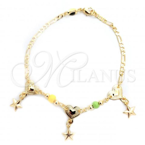 Oro Laminado Charm Bracelet, Gold Filled Style Heart and Star Design, with Yellow and Light Olive Opal, Polished, Golden Finish, 03.32.0295.07