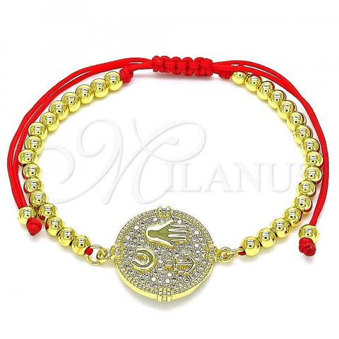 Oro Laminado Adjustable Bolo Bracelet, Gold Filled Style Hand of God and Anchor Design, with White Micro Pave, Polished, Golden Finish, 03.381.0005.10